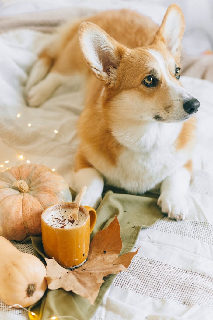 Corgi lying on bed with autumn leaves, pumpkin, and a cup of coffee. Perfect fall morning setup.